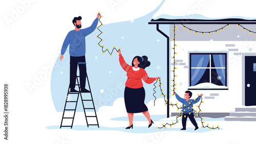 Family hanging Christmas lights outside their home during winter. Ideal for festive decorating, holiday tradition scenes, and cheerful family activities