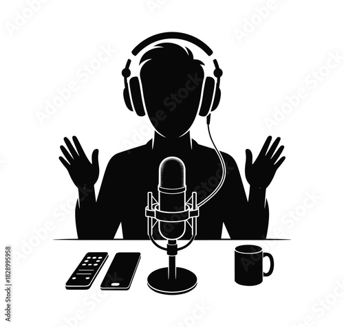 Silhouette of person wearing headphones speaking into microphone with phone and remote.