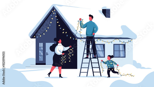 Family hanging Christmas lights outside their home during winter. Ideal for festive decorating, holiday tradition scenes, and cheerful family activities