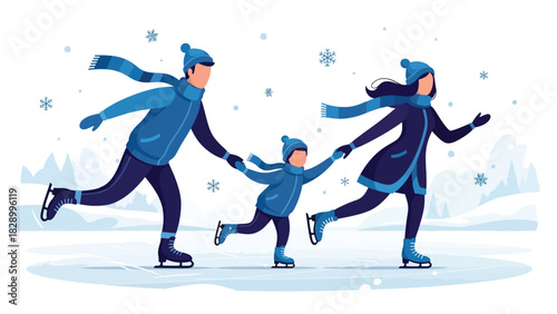 Family ice skating together during Christmas season. Ideal for winter sports, joyful festive memories, and fun family holiday activities