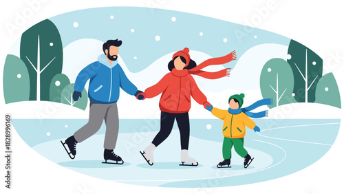 Family ice skating together during Christmas season. Ideal for winter sports, joyful festive memories, and fun family holiday activities
