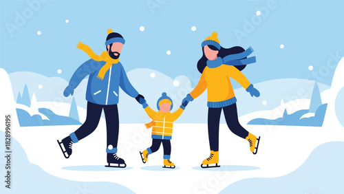 Family ice skating together during Christmas season. Ideal for winter sports, joyful festive memories, and fun family holiday activities