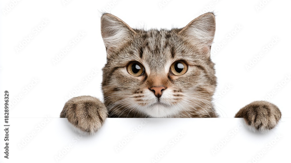 Fototapeta premium A playful cat looks over a blank surface showcasing curiosity and innocence in its expression.