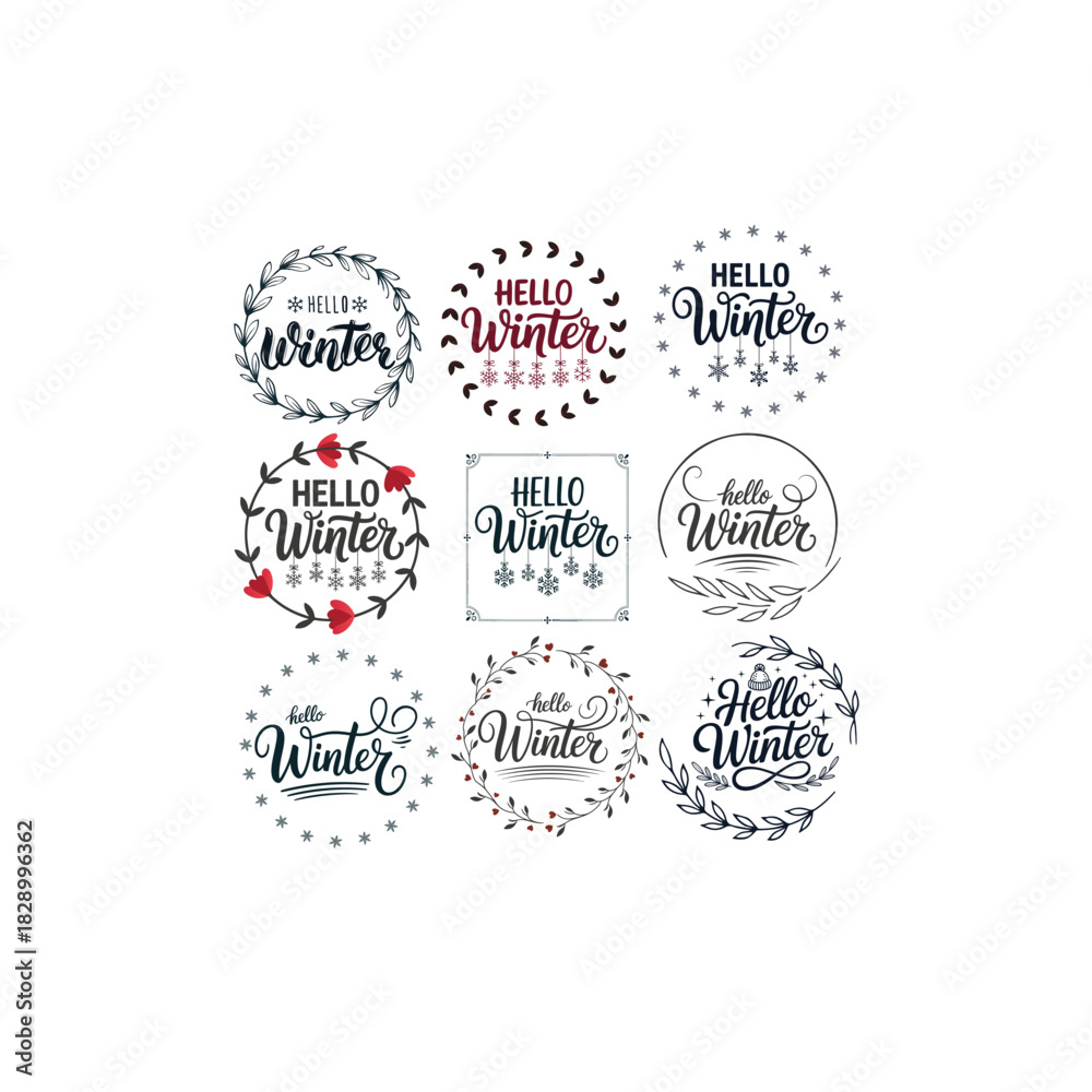 Fototapeta premium Hello Winter Holiday Graphic with Botanical Elements Seasonal Hello Winter Typography with Golden Star Accents Delicate Winter Wreath Illustration Featuring Hello Winter 