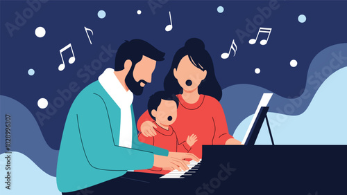 Family singing Christmas carols together during holiday celebrations. Perfect for joyful winter traditions, festive music, and family community spirit