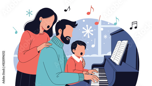 Family singing Christmas carols together during holiday celebrations. Perfect for joyful winter traditions, festive music, and family community spirit