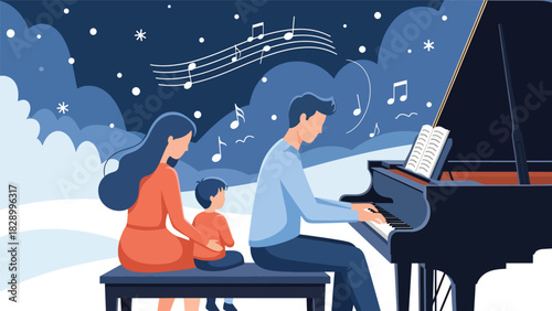 Family singing Christmas carols together during holiday celebrations. Perfect for joyful winter traditions, festive music, and family community spirit