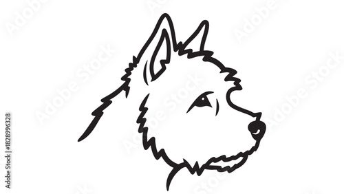 Minimalist profile view of a cute terrier dog's head. A clean black and white vector line art illustration for a pet care symbol or emblem