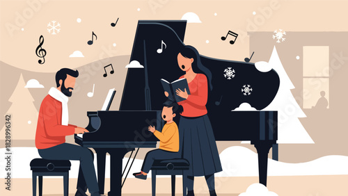 Family singing Christmas carols together during holiday celebrations. Perfect for joyful winter traditions, festive music, and family community spirit