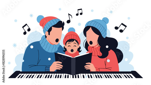 Family singing Christmas carols together during holiday celebrations. Perfect for joyful winter traditions, festive music, and family community spirit