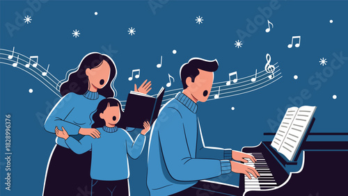 Family singing Christmas carols together during holiday celebrations. Perfect for joyful winter traditions, festive music, and family community spirit