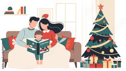 Family reading a Christmas storybook together near the tree. Ideal for warm winter evenings, childhood memories, and festive storytelling moments