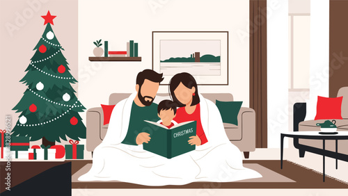 Family reading a Christmas storybook together near the tree. Ideal for warm winter evenings, childhood memories, and festive storytelling moments