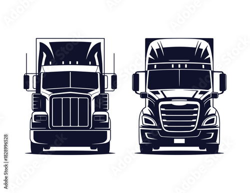 Two dark blue semi trucks facing forward on white background tractor trailer.