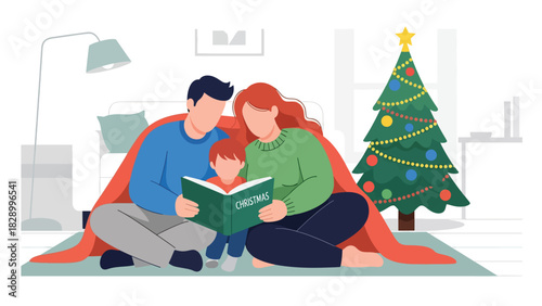 Family reading a Christmas storybook together near the tree. Ideal for warm winter evenings, childhood memories, and festive storytelling moments