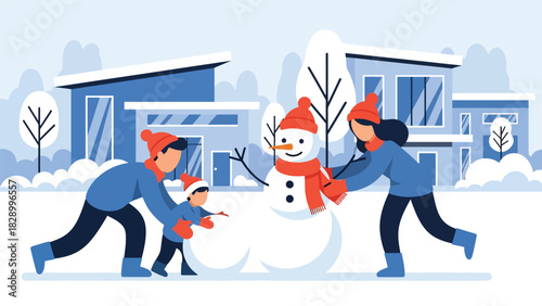 Family building a snowman together outside during the Christmas season. Perfect for playful winter fun, joyful holiday moments, and family bonding activities
