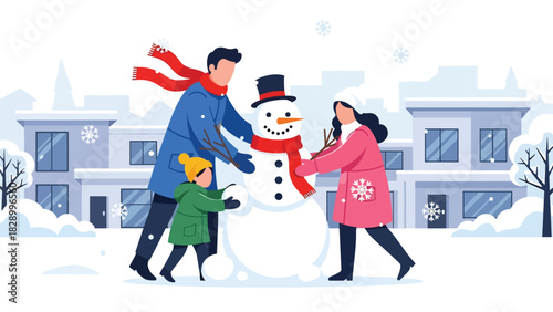 Family building a snowman together outside during the Christmas season. Perfect for playful winter fun, joyful holiday moments, and family bonding activities