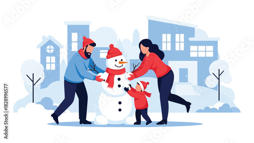 Family building a snowman together outside during the Christmas season. Perfect for playful winter fun, joyful holiday moments, and family bonding activities