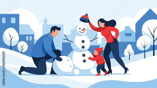 Family building a snowman together outside during the Christmas season. Perfect for playful winter fun, joyful holiday moments, and family bonding activities