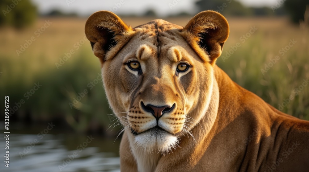 Fototapeta premium Portrait of a Beautiful lion lion at the waterhole 