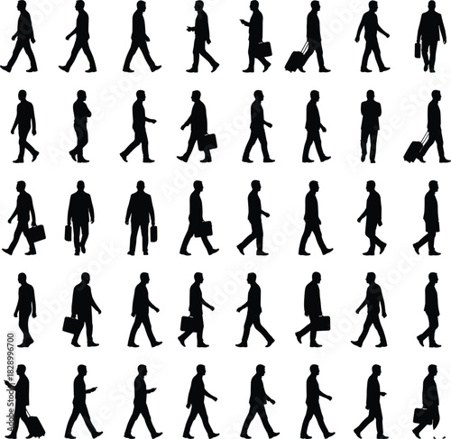 Walking people silhouettes, traveler icons, commuter poses, black vector, luggage, briefcase, side view, editable, clipart, design, graphic, movement, pedestrian, casual, business, bundle