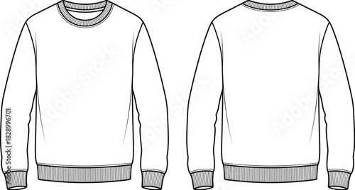 Crewneck sweatshirt vector template showcasing detailed front and back views with ribbed cuffs, hem, and neckline in clean fashion illustration style