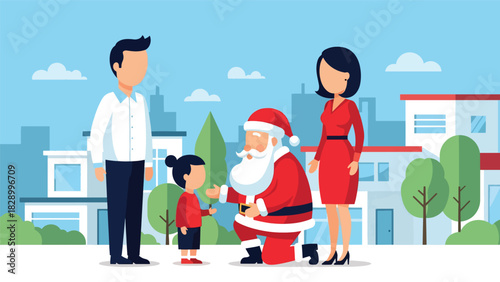 Family visiting Santa Claus and celebrating the holiday spirit. Ideal for festive excitement, Christmas traditions, and joyful winter childhood moments
