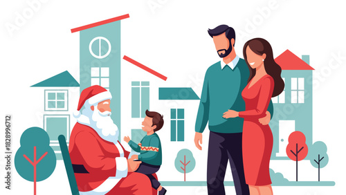Family visiting Santa Claus and celebrating the holiday spirit. Ideal for festive excitement, Christmas traditions, and joyful winter childhood moments