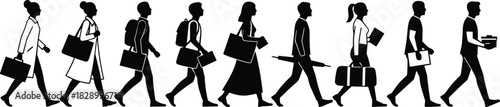 Walking professional silhouettes, business people, black vector, briefcase, bag, tray, book, motion, commute, editable, clipart, design, graphic, posture, side view, workforce, routine, bundle