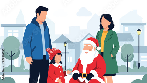 Family visiting Santa Claus and celebrating the holiday spirit. Ideal for festive excitement, Christmas traditions, and joyful winter childhood moments