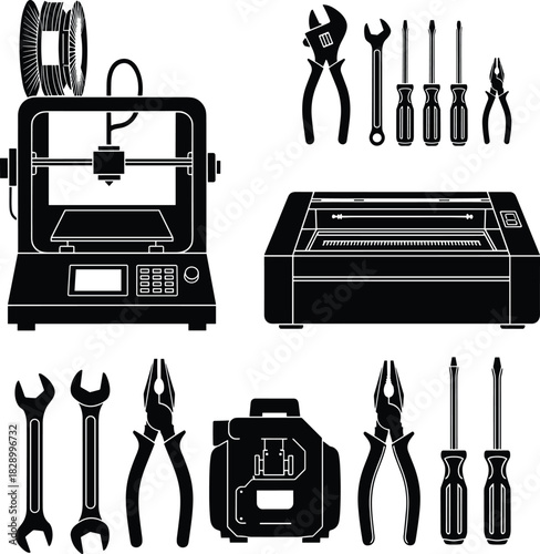Workshop tools, 3D printer, laser cutter, hand tools, fabrication equipment, DIY workspace, prototyping gear, maker space essentials, engineering setup