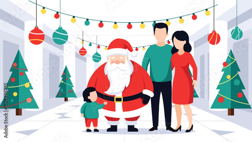Family visiting Santa Claus and celebrating the holiday spirit. Ideal for festive excitement, Christmas traditions, and joyful winter childhood moments