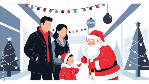 Family visiting Santa Claus and celebrating the holiday spirit. Ideal for festive excitement, Christmas traditions, and joyful winter childhood moments