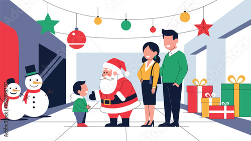 Family visiting Santa Claus and celebrating the holiday spirit. Ideal for festive excitement, Christmas traditions, and joyful winter childhood moments