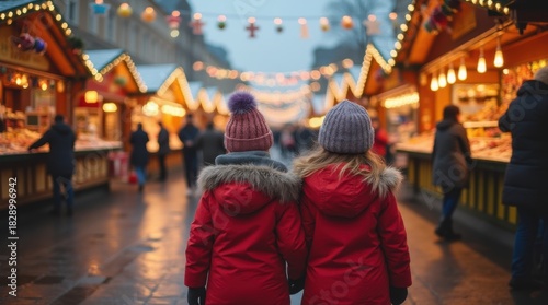 Two toddler girl children standing at a Christmas market looking at the christmas marke, snow, lights, winter season, happy holidays