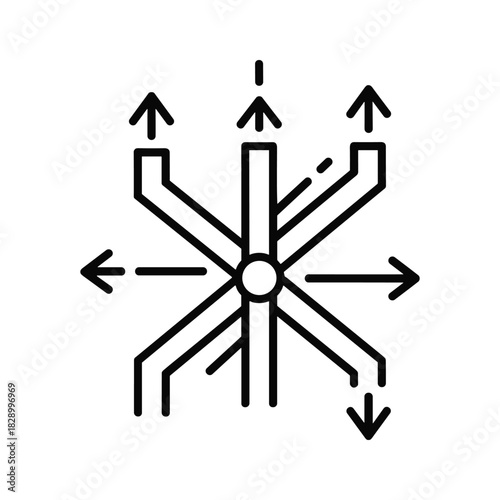 Black and white line art icon representing multiple pathways, direction, and choice isolated on