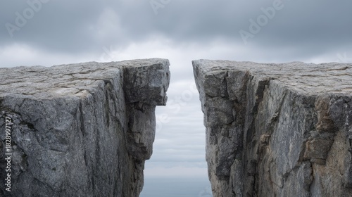 Two towering cliffs jut outwards into the gray sky creating a striking and majestic divide.