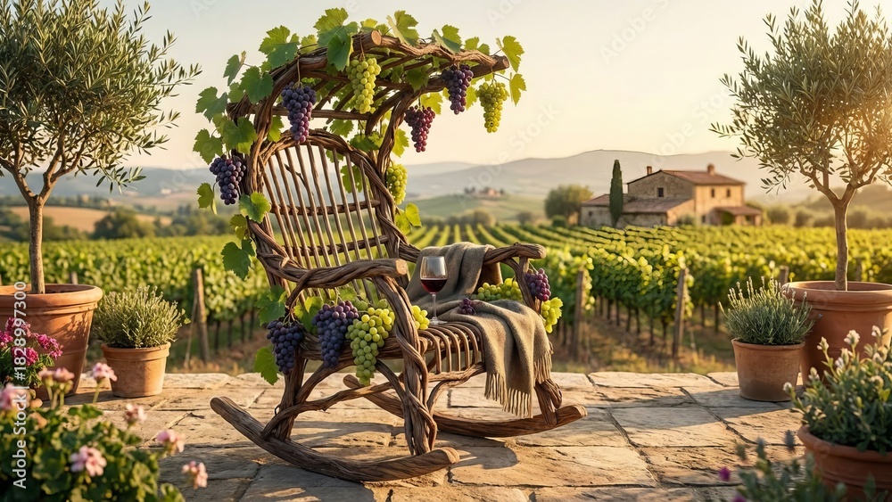 Fototapeta premium Rustic rocking chair with ripe grapes creating a tranquil scene on a stone terrace overlooking rolling vineyards and olive trees in the tuscan countryside during late summer