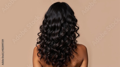 Woman with healthy shiny long curly hair view from the back, curl hairstyle