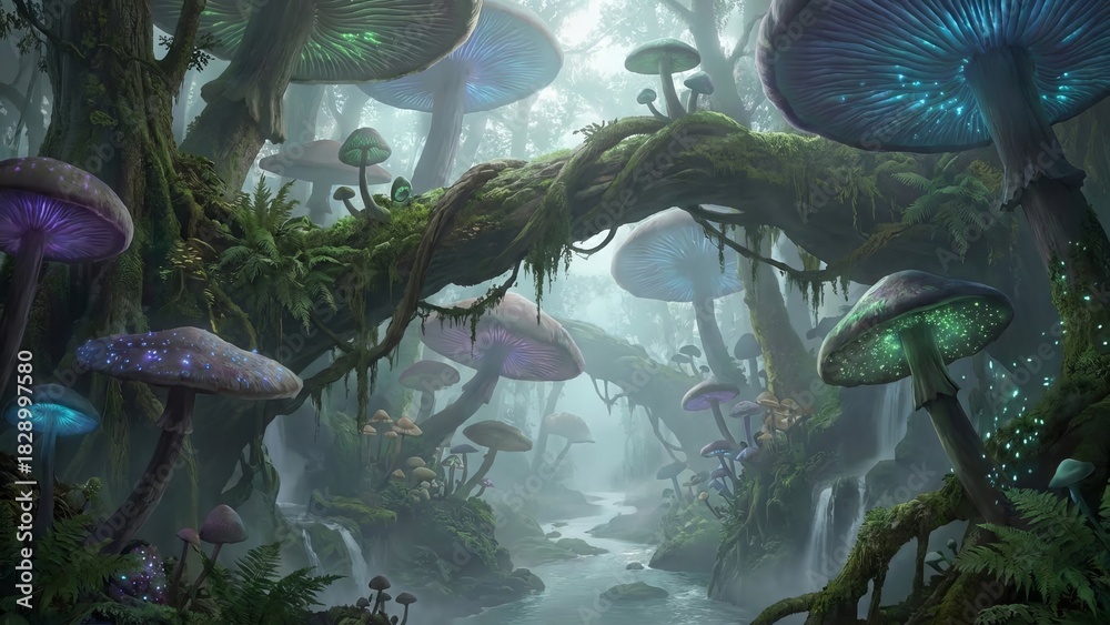Fototapeta premium Bioluminescent mushrooms illuminate a mystical fantasy forest landscape, featuring a winding river with small waterfalls and ancient moss-covered trees, creating an otherworldly and magical scene