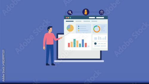 business analytics software, data-driven decision making, and corporate data reporting. The scene highlights business professionals analyzing charts, graphs, and digital dashboards