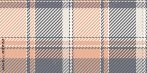 Cozy plaid pattern with soft peach, gray,  cream hues. Evokes warmth and comfort ideal for textiles, design, backgrounds, or adding a touch of rustic charm.