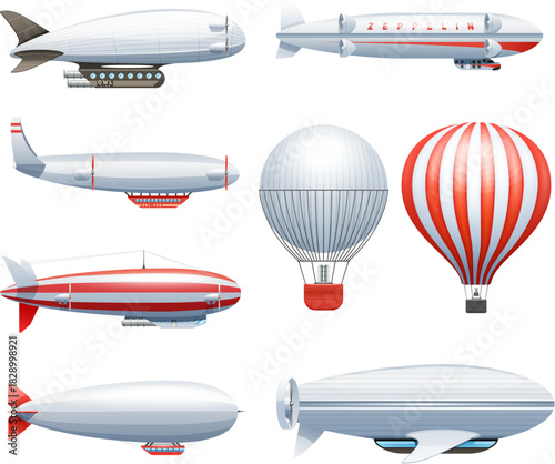 White and Red Dirigible Airship Icons Set