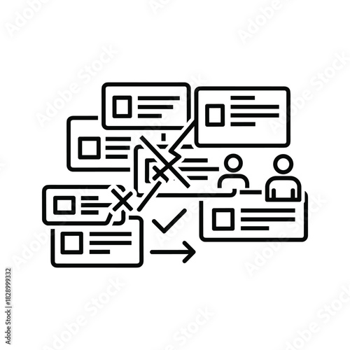 Black and white line icon illustrating project management workflow rejection and approval process