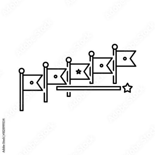 Line art icon of five sequential pennant flags on pole with star detail isolated on
