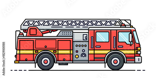 A flat, minimalist vector illustration with bold lines (line art) featuring a red and yellow fire engine.