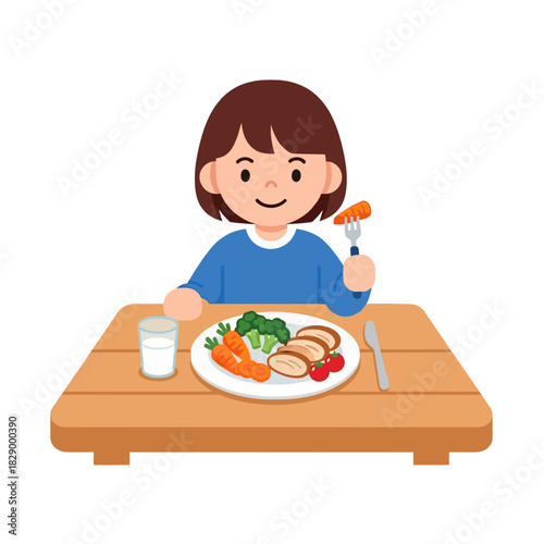 Vector illustration of a young girl sitting at a wooden table, happily eating a balanced meal of vegetables (carrots, broccoli, tomatoes) and protein (sliced chicken or turkey) from a plate