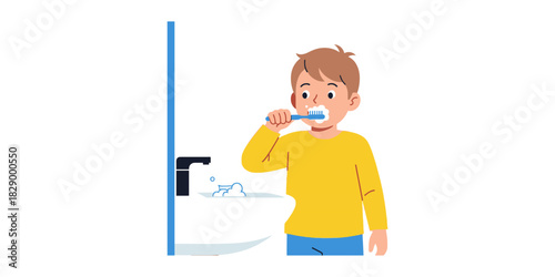 Child Brushing Teeth at the Sink in Front of a Mirror