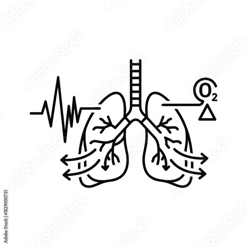 Line icon illustration of human lungs showing gas exchange and heartbeat rhythm