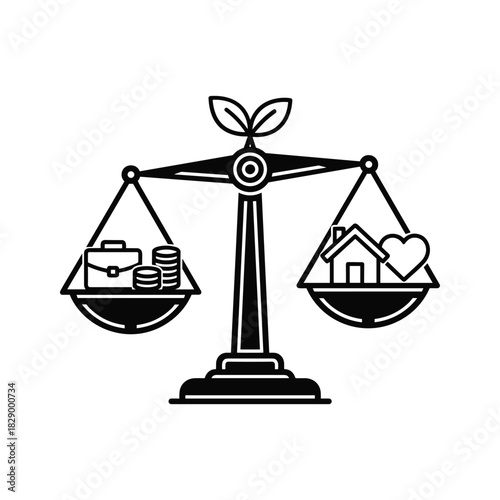 Balance scale comparing career success with money against home life and love isolated on